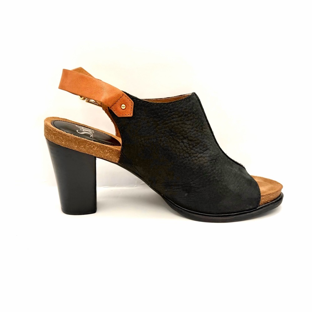 Söfft 11M Black Leather Block Heel Peep Toe Slingback Sandals - Picture 5 of 9